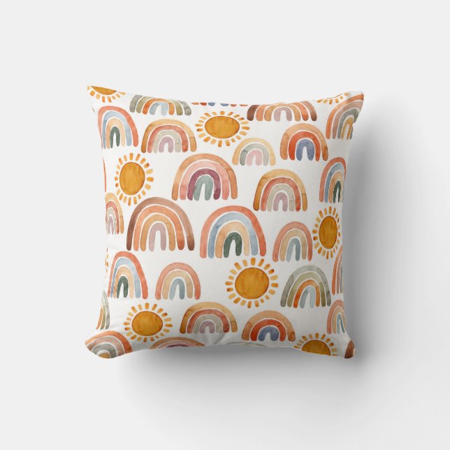 Coussin Aquarelle Whimsical Boho Rainbow et Sun Kids  (Recto)