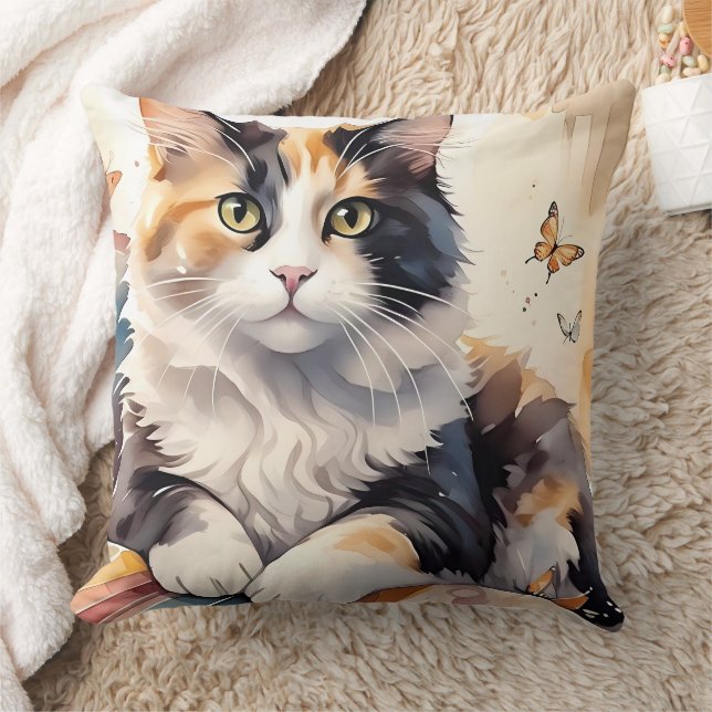 Coussin Aquarelle Whimsical Calico Chat et Papillons (Couverture)