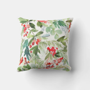 Coussin Aquarelle Winterberry Holly Noël Motif