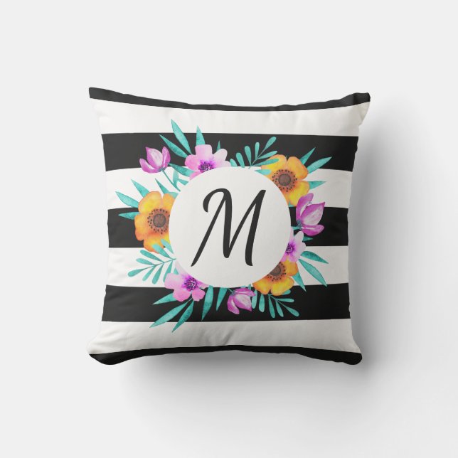 Coussin Aquarelles cool Floral Noir rayé Monogramme (Recto)