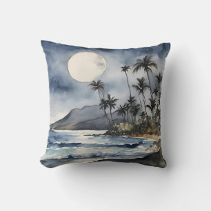Coussin Aquarelles de nuit de plage tropicale Sky Moon