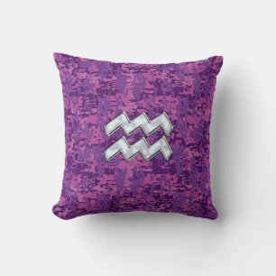 Coussin Aquarius Zodiac Sign on fuchsia digital camouflage