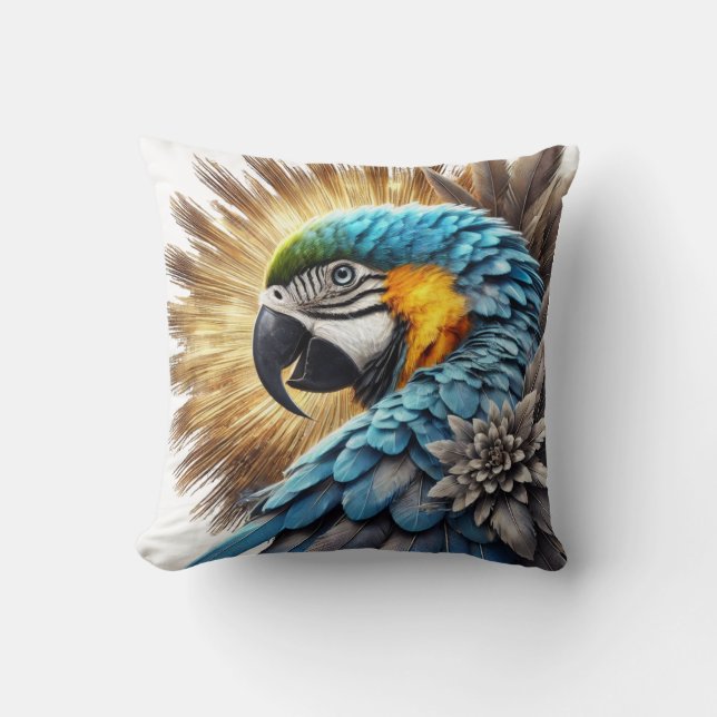 Coussin Ara bleu de Majesté dorée (Recto)