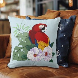 Coussin Ara Macao Rouge Perroquet Tropical Hibiscus Floral