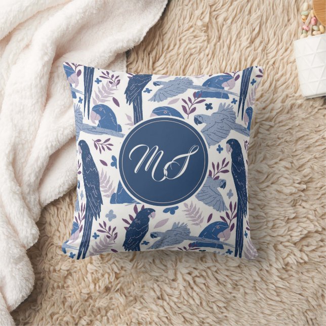 Coussin Ara Parrot bleu Motif tropical Monogramme (Couverture)