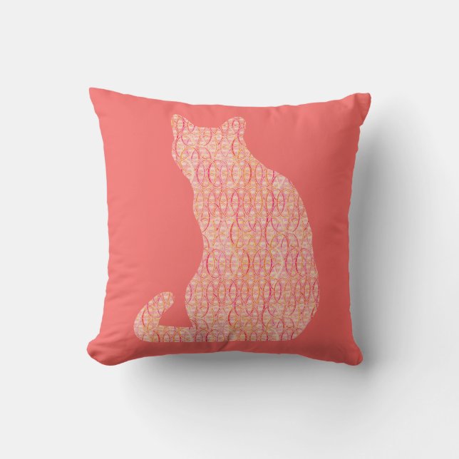 Coussin Arabesque Chat - nuances de corail orange (Recto)