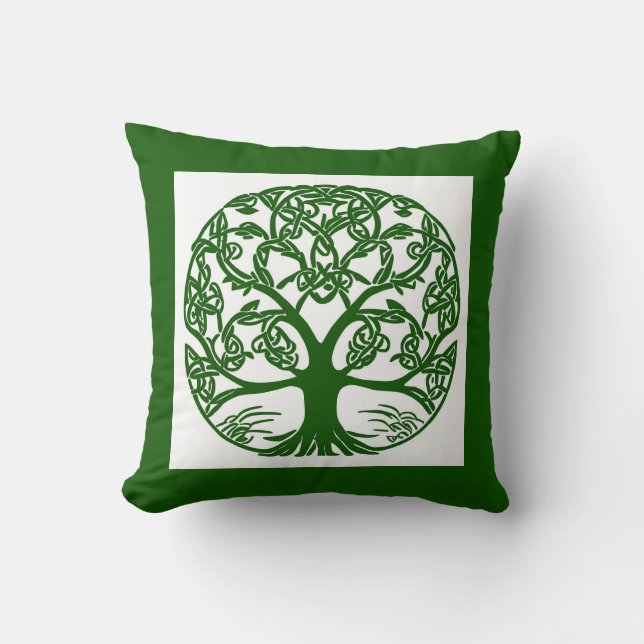 Coussin Arbre à noeuds celtique de la vie Vert sur blanc (Recto)
