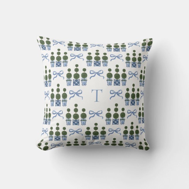 Coussin Arbre à topiaire en chinoiserie avec ruban et mono (Recto)