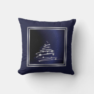 Coussin Arbre Abstrait Argent De Noël En Bleu