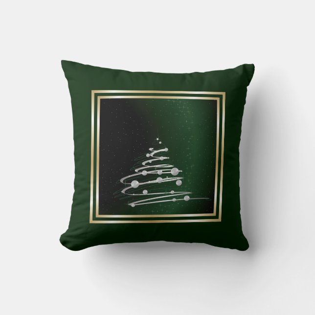 Coussin Arbre Abstrait Argent De Noël Sur Vert (Recto)