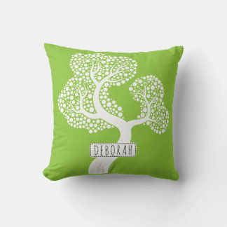 Coussin Arbre abstrait blanc et nom sur vert citron