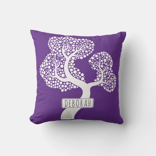 Coussin Arbre abstrait blanc et nom, violet royal (Recto)