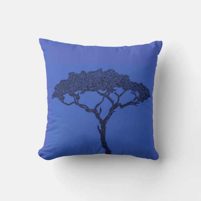 Coussin Arbre africain encre noire sur bleu foncé (Recto)