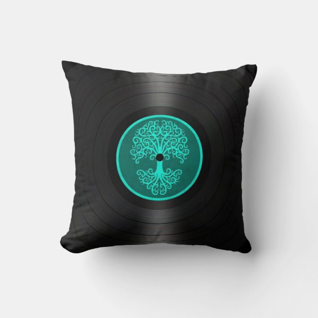 Coussin Arbre bleu turquoise de graphique de disque vinyle (Recto)