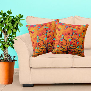 Coussin Arbre Brown de vie W/ Fleurs & Orange Color Boho