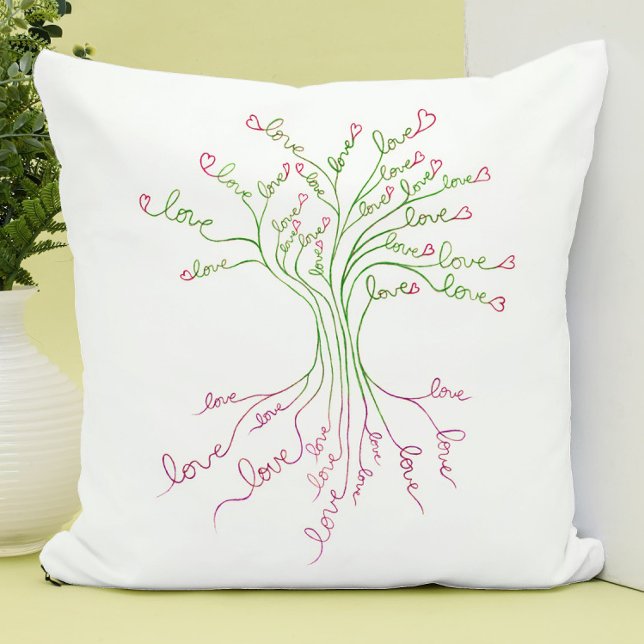 Coussin Arbre d'amour de la vie Art Blanc Vert Rose Cœurs  (Créateur téléchargé)