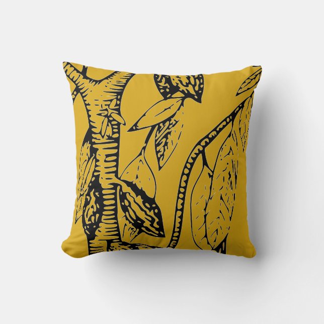 Coussin Arbre de Cacao jaune et noir moutarde (Recto)