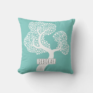 Coussin Arbre de cercle abstrait blanc et nom sur turquois
