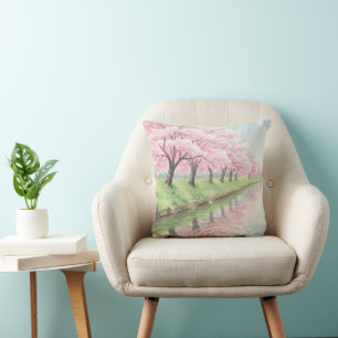 Coussin Arbre de cerisier à fleurs pastel aquarelle panora