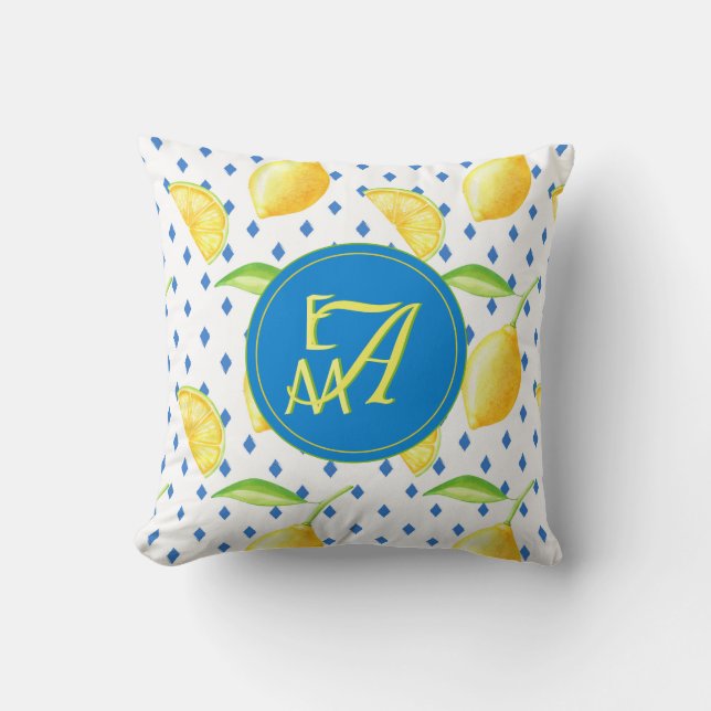 Coussin Arbre de citron monogramme Décor Royal Blue (Recto)