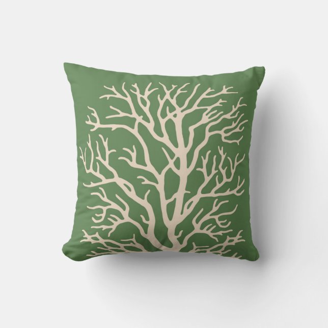 Coussin Arbre de corail en crème sur le vert de lichen (Recto)