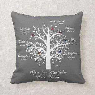 Coussin Arbre de grand-maman, blanc le gris, 7 noms et les