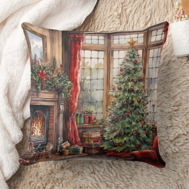 Coussin Arbre de la fenêtre du parrain de Noël Rouge (Couverture)