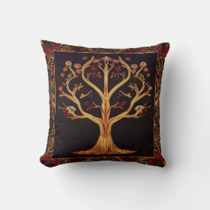 Coussin Arbre de LIfe Rouge or noir Broderie par kedoki