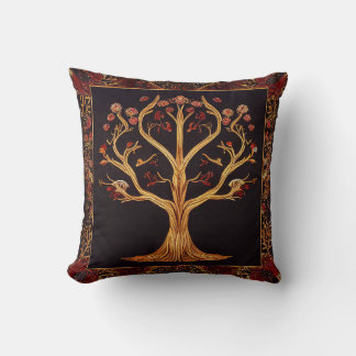 Coussin Arbre de LIfe Rouge or noir Broderie par kedoki