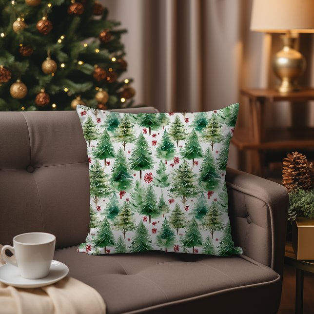 Coussin Arbre de Noël à feuillage persistant Aquarelle For (Evergreen Christmas Tree Watercolor Winter Forest Throw Pillow in Christmas Living Room)
