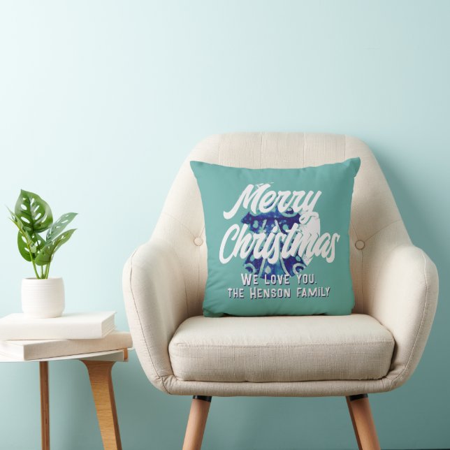 Coussin Arbre de Noël Arbre Artistique Bleu Joyeux Script (Chaise)