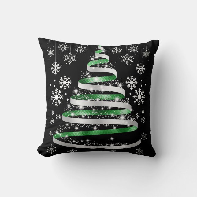Coussin Arbre de Noël blanc Flambeau de neige vert argenté (Recto)