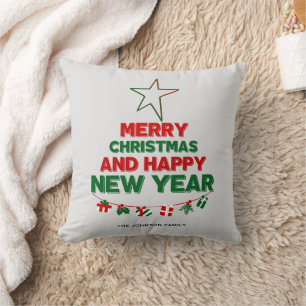 Coussin Arbre de Noël, Bonne année, mots, étoile, cadeau