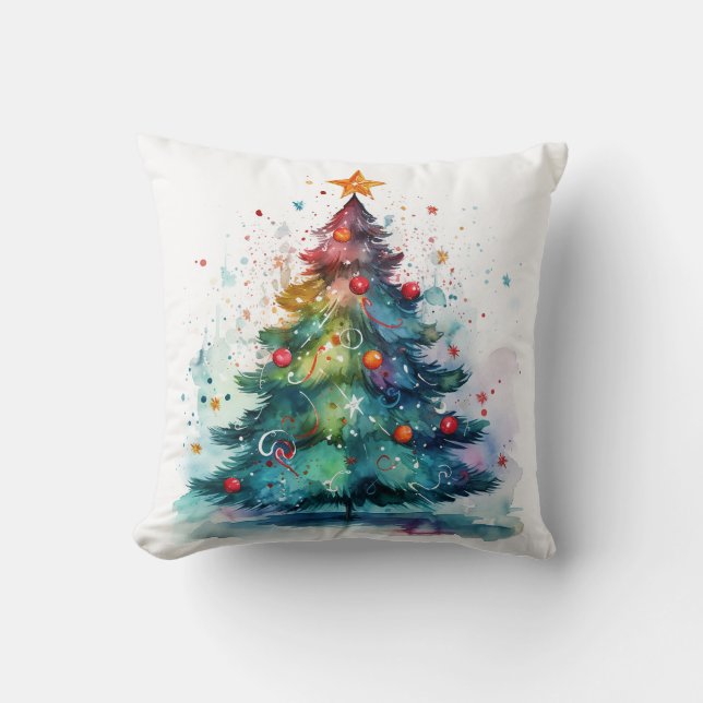 Coussin Arbre de Noël décoratif à l'aquarelle noir (Recto)