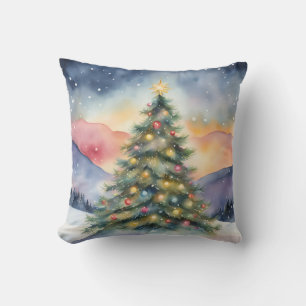 Coussin Arbre de Noël d'hiver Coucher de soleil enneigé Pa