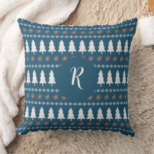 Coussin Arbre de Noël d'hiver moderne Motif Monogramme ble