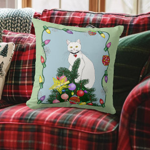 Coussin Arbre de Noël drôle et festif Chat blanc drôle Ver