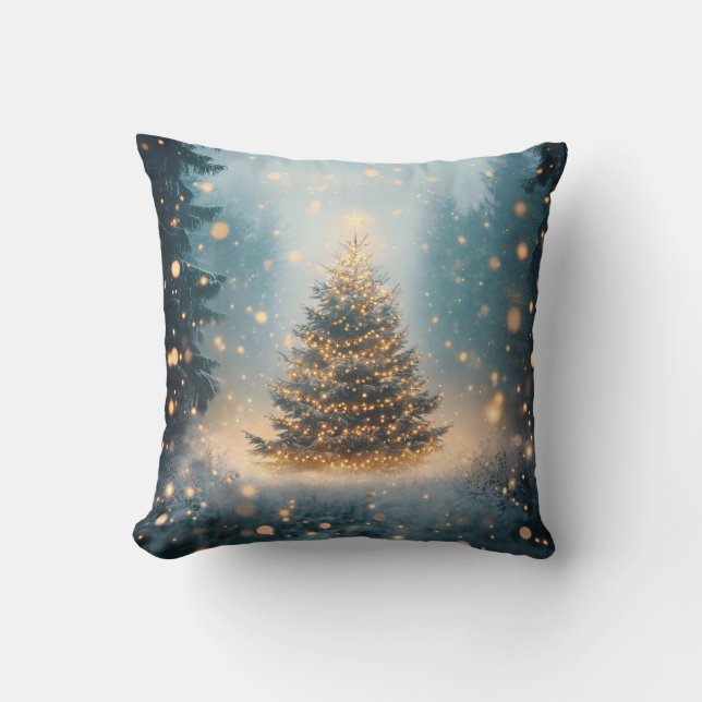Coussin Arbre de Noël en Forêt Enneigée Magique d'Hiver (Recto)