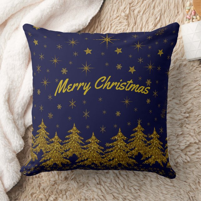 Coussin Arbre de Noël en or brillant, étoiles, neige sur l (Couverture)