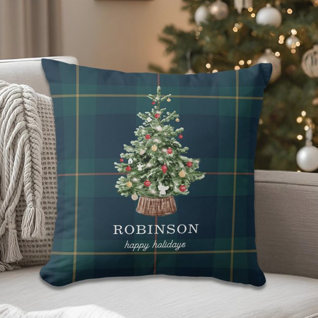Coussin Arbre de Noël Festif Nom de Famille Vacances (Créateur téléchargé)