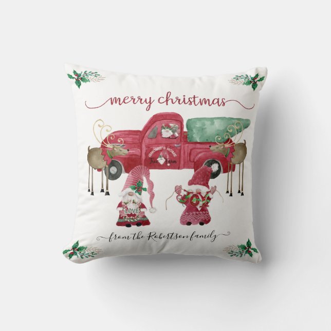 Coussin Arbre de Noël Gnomes Ferme Camion Rouge Aquarelle (Recto)