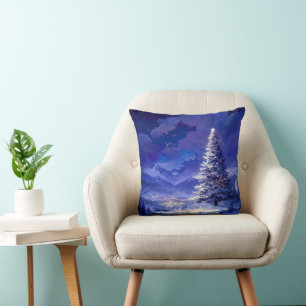 Coussin Arbre de Noël lumineux paysage de montagne enneigé