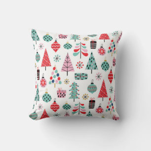 Coussin Arbre de Noël. Motif moderne bleu, rouge et rose