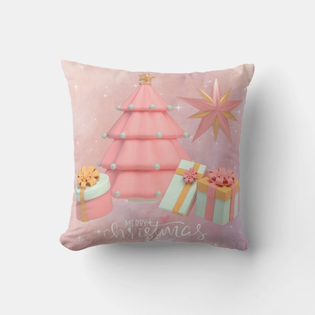 Coussin Arbre De Noël Rose Et Or Et Étoiles (Recto)