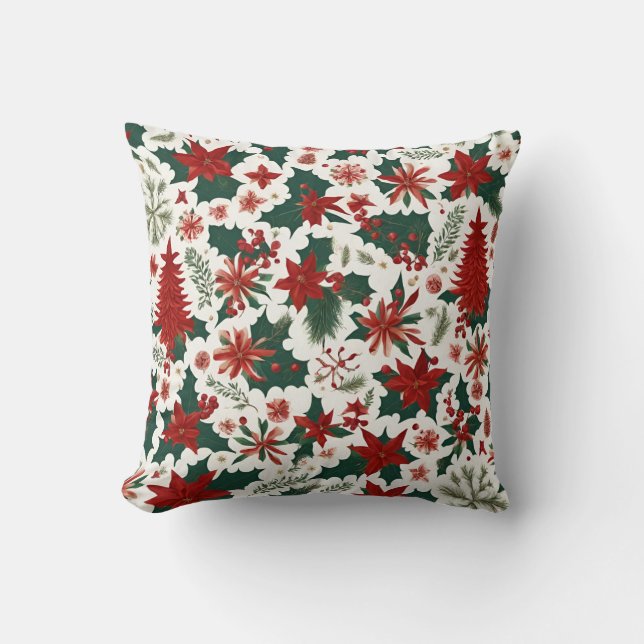 Coussin arbre de Noël rouge, fleurs, baies, feuilles verts (Recto)
