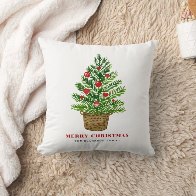 Coussin Arbre de Noël sur un panier en osier Joyeux Noël (Couverture)