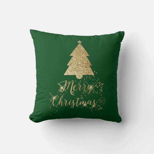 Coussin Arbre de Noël vert étincelle d'or (Recto)