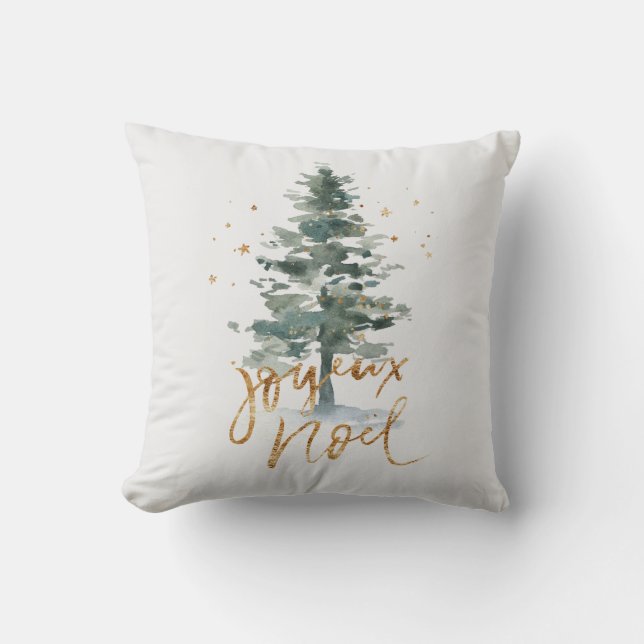 Coussin Arbre de Noël vert Joyeux Noel typographie or (Recto)