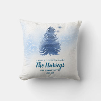 Coussin Arbre de pin aquarelle bleue Famille personnalisée