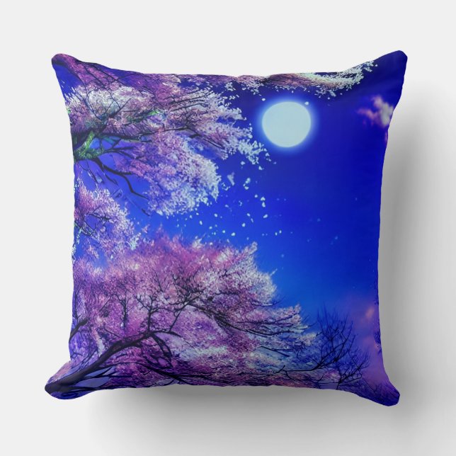 Coussin Arbre de printemps, lune, ciel bleu. (Recto)